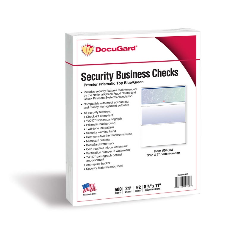 DocuGard Blue/Green Premier Prismatic Top High Security Check Paper - QuickBooks & Laser/Inkjet Printer Compatible - 13 Security Features - 500 Blank Business Checks (04533) - Image 2